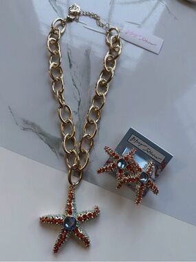 Betsey Johnson Gold Chain Necklace with Red, Blue and Turquoise Starfish Pendant